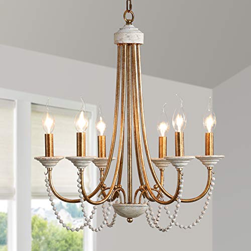 2024 New Gold Brass Chandelier, 6-Light French Country White Wood Beaded Farmhouse Dining Room Light Fixture, Modern Boho Pendant Light Ceiling Hanging for Bedroom Living Room Kitchen Foyer Entryway