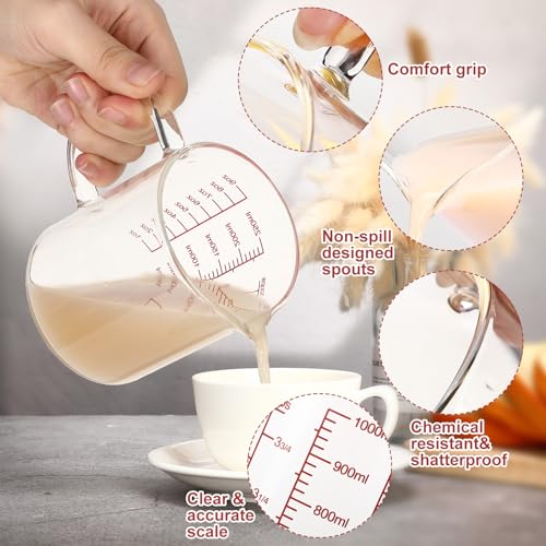 3 Pack Glass Measuring Cups with Handle and V Shaped Spout High Borosilicate Glass Beaker Measuring Glass with 3 Scales (Oz, Cup, Ml) for Kitchen Restaurant, Easy to Read, 4 Cup, 2 Cup, 1 Cup