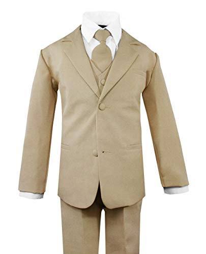 Toddler Boys' 5 Piece Classic Fit No Tail Formal Khaki Dress Suit Set with Tie and Vest