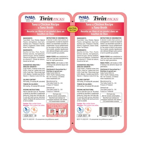 INABA Twin Packs for Cats, Shredded Chicken & Broth Gelée Side Dish/Topper Pouch, 1.4 Ounces per Serving, 12 Pouches, Tuna & Chicken with Scallop Recipe in Scallop Broth