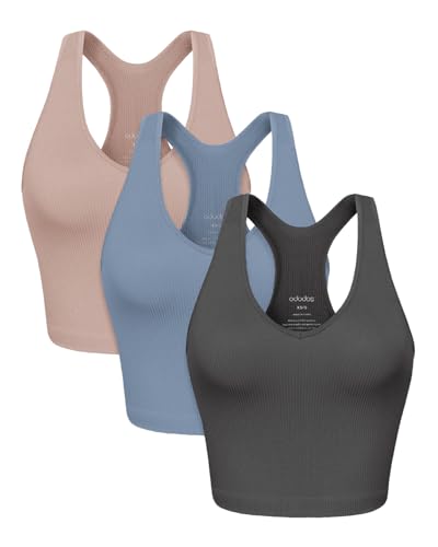 ODODOS 3-Pack Seamless Racerback Crop Tank for Women Ribbed Knit Soft Crop Tops