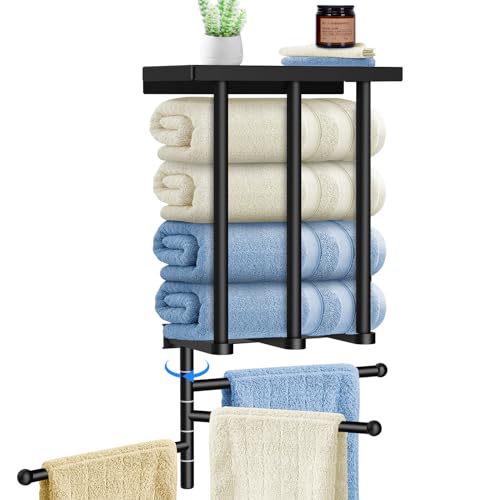Kayfia Towel Racks for Bathroom with 180° Rotation Swivel Towel Bar, Towel Storage with Metal Shelf, Towel Rack Wall Mounted Can Holds 7 Towels, Space Saving Towel Holder for Small Bathroom, Black
