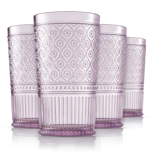 Godinger Highball Drinking Glasses, Acrylic Drinking Glasses Set, Elegant Tall Plastic Cups, Vintage Romantic Decor - Set of 4, Lavender