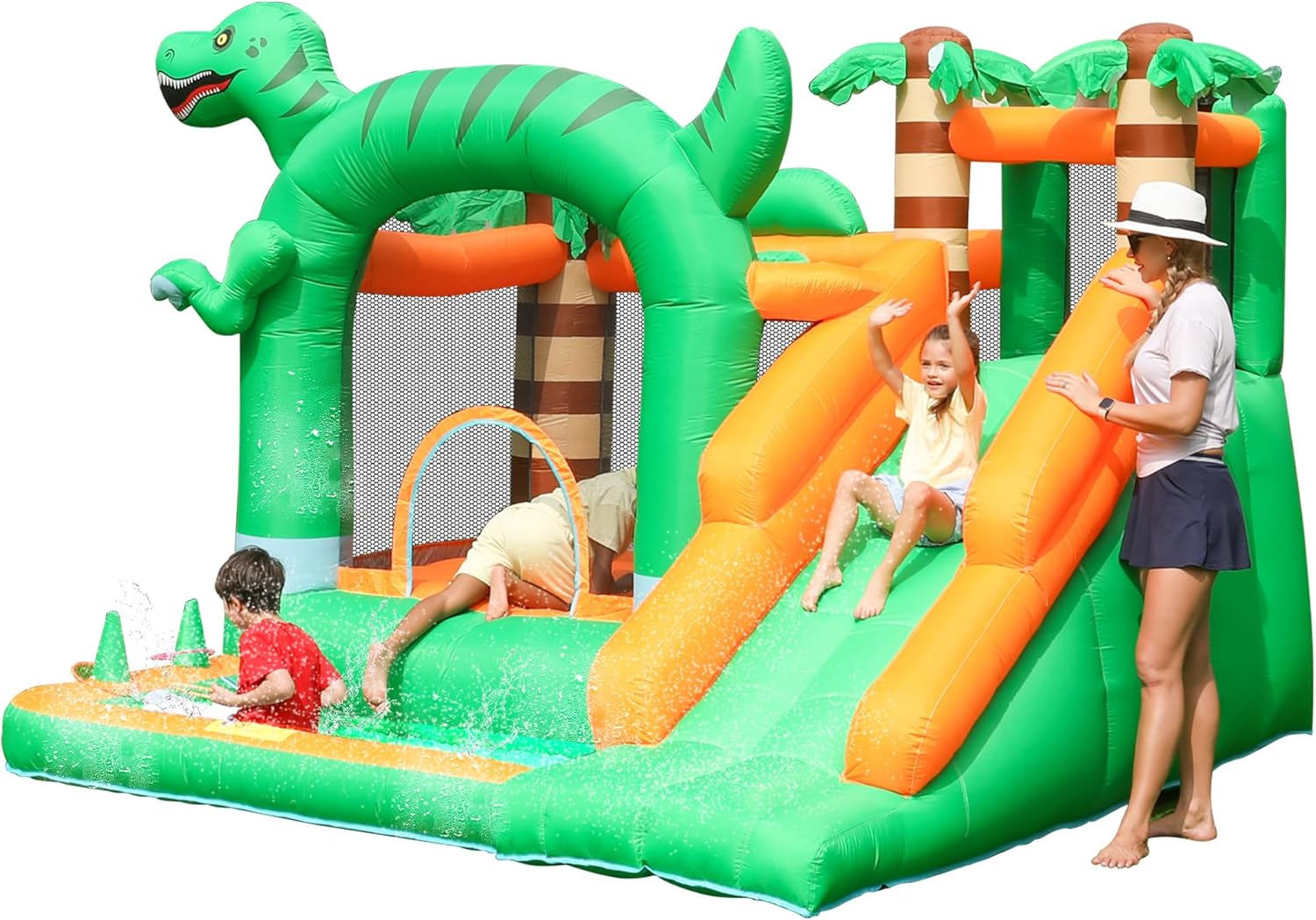Bounce House Kids Bouncy Castle with Ball Pit Dinosaur Inflatable Bouncer with Long Slide Air Blower for Backyard