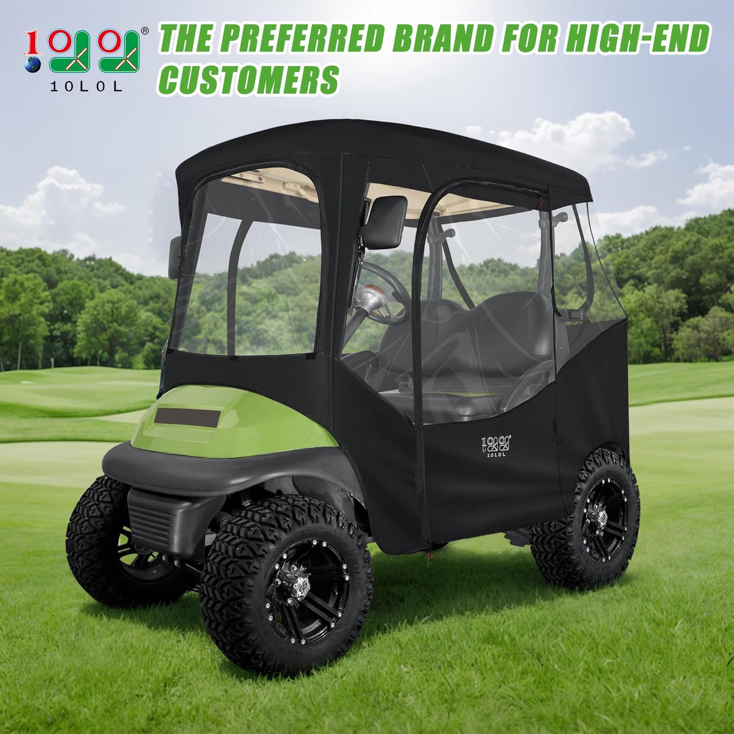 10L0L 2 Passenger Golf Cart Enclosure for Club Car DS & Precedent,Waterproof 600D Rain Cover,with Side Mirror Opening,Transparent Tail Light Panel,Foldable Door,Windshield,4-Sided Clear Windows
