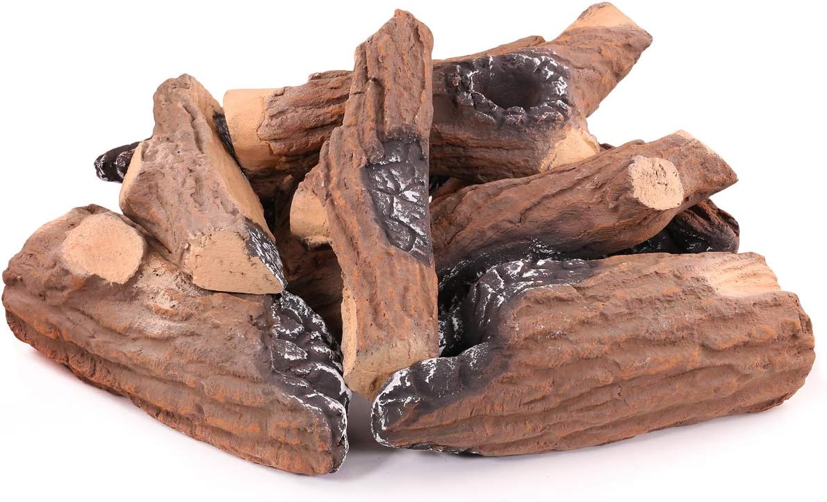 Barton 9-Piece Ceramic Wood Fireplace Stackable Birch Wood Ceramic Fireplace Log Gas Vented Insert Realistic Logs Set