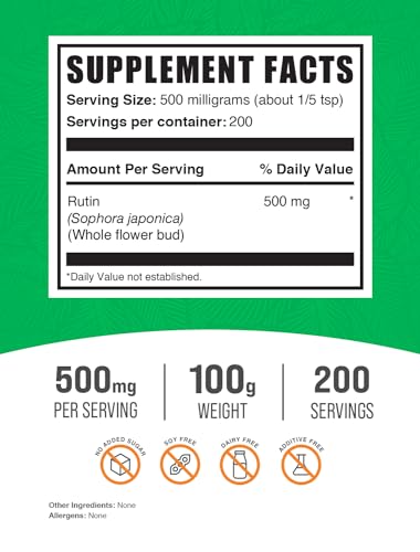 BulkSupplements.com Rutin Powder - from Sophora japonica, Rutin Supplement, Rutin 500mg - Antioxidants Source, Soy Free, 500mg per Serving, 1kg (2.2 lbs) (Pack of 1)