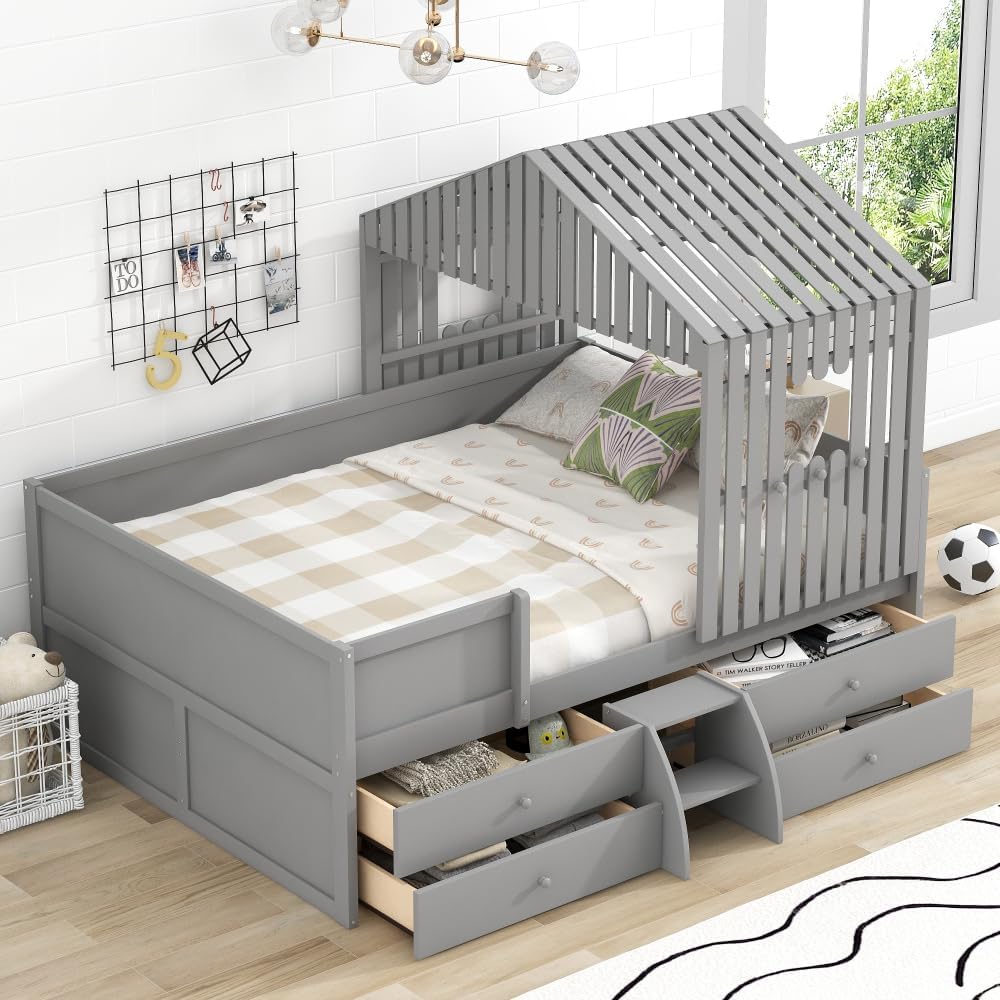 Full Size House Low Loft Bed with Four Drawers,Gray 2-Numbers of Package Pine+MDF 350Lb 10pcs 77.8