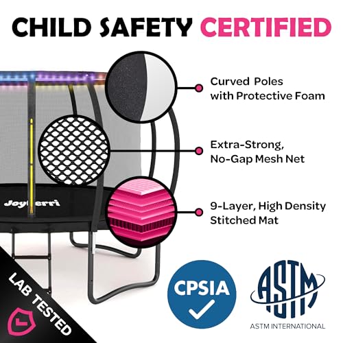 Trampoline for Kids and Adults - 8Ft 10Ft 12Ft 14FT Trampoline with Net - ASTM Certified with Bonus Lights and Sprinkler/Extra Sturdy Recreational Outdoor Trampolines