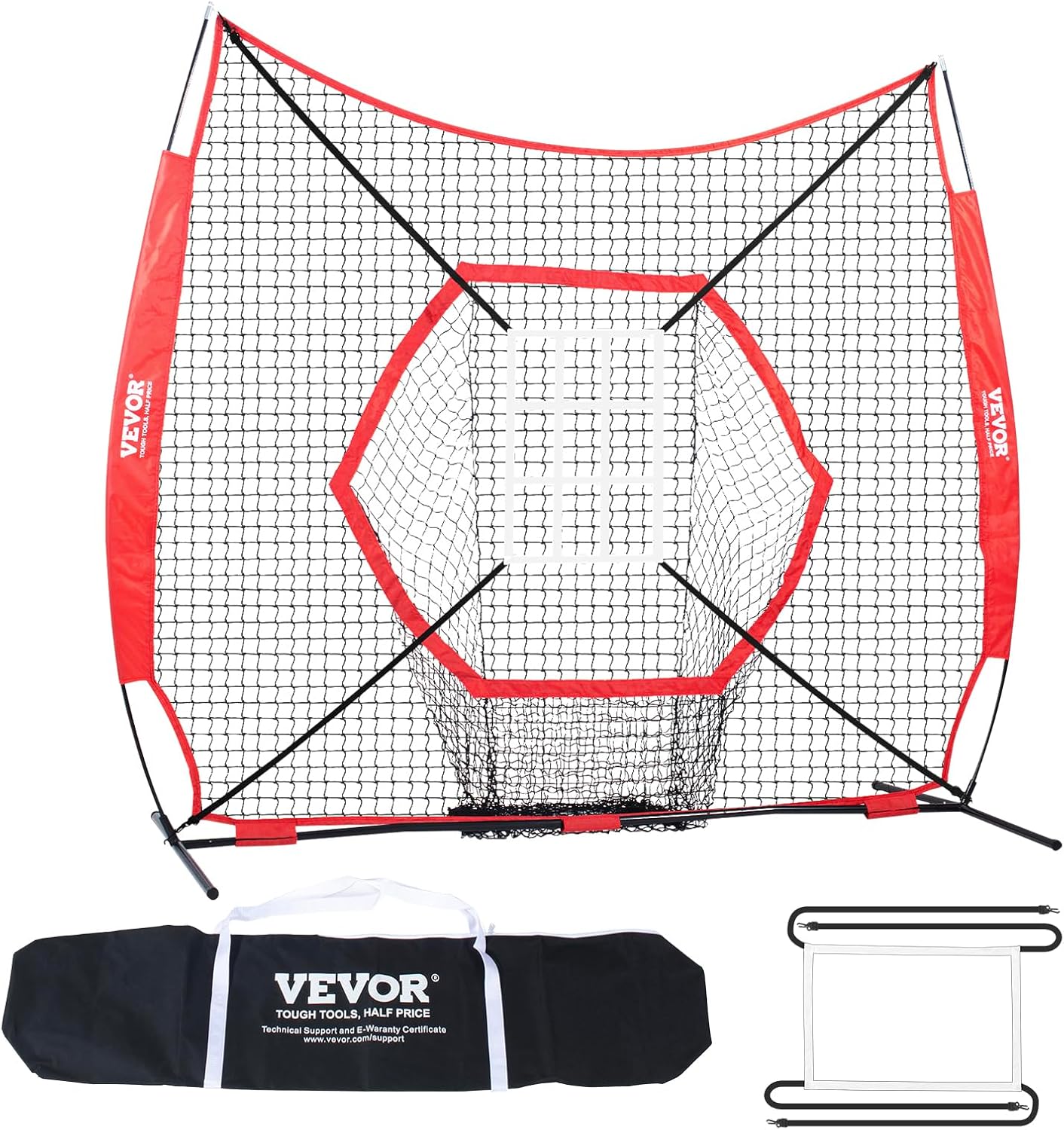 VEVOR 7x7 ft Baseball Softball Practice Net, Portable Baseball Training Net for Hitting Batting Catching Pitching, Backstop Baseball Equipment Training Aids with Bow Frame, Carry Bag, and Strike Zone