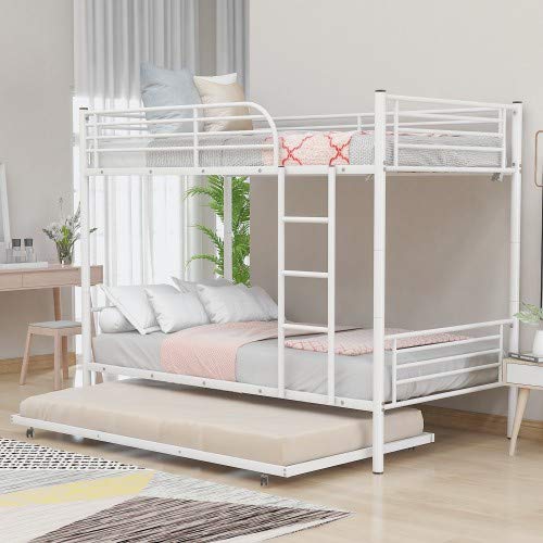 Twin-Over-Twin Metal Bunk Bed with Trundle and Ladders and Safety Guard Rails,Can be Divided into Two beds,No Box Spring Needed (Black)