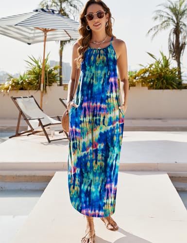 Halife Womens Summer Dresses Casual Loose Halter Long Sundress Sleeveless Split Maxi Beach Dress with Pockets