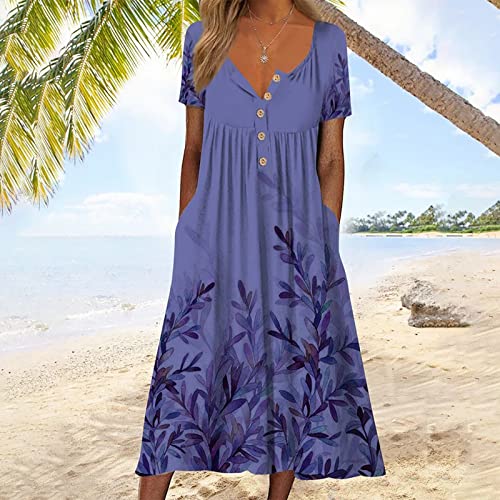 Women Short Sleeve Floral Loose Fit Dresses for Women Crewneck Vneck Beach Hawaiian Maxi Long Summer Fall 2024