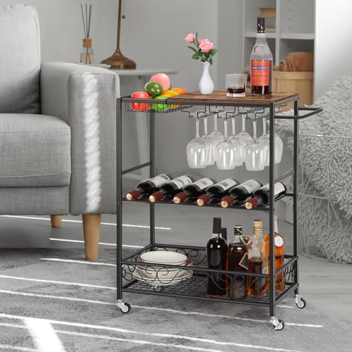 smusei 3 Tier Liquor Cart with Wine Rack and Glass Holder Drink Cart with Wheels Brown Rolling Outdoor Serving Carts Mobile Beverage Cart Bar Carts for The Home, Kitchen, Dining Room