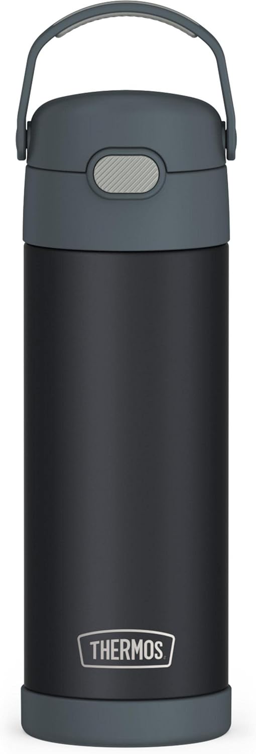 THERMOS FUNTAINER 16 Ounce Stainless Steel Vacuum Insulated Bottle with Wide Spout Lid, Matte Charcoal