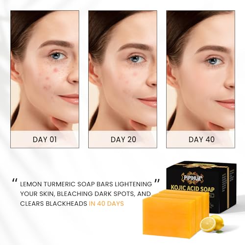 PIPIHUA Kojic Acid Soap Skin Lightening - Dark Spot Remover Turmeric Soap - Hyperpigmentation with Turmeric & Lemon & Collagen & Hyaluronic Acid & Glutathione