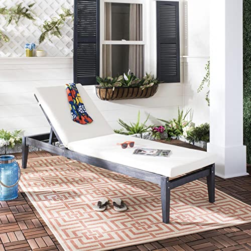 SAFAVIEH Outdoor Collection Azusa Ash Grey Solid Wood/Beige Cushion Adjustable Chaise Lounge Chair (PAT6729B)