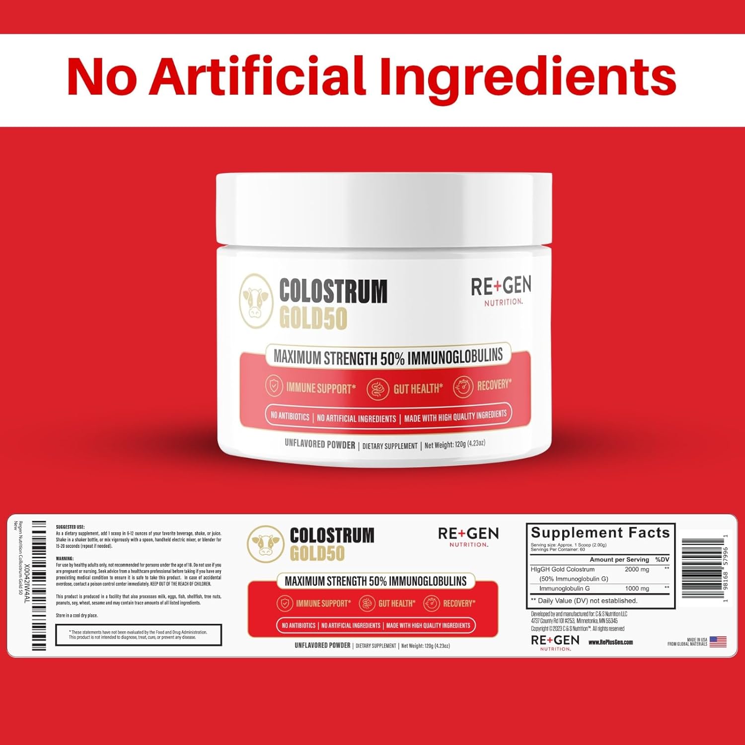 Re+Gen Colostrum Gold 50 Colostrum Powder for Gut Health, Immune Support, Muscle Recovery 50% IgG Concentration with No Artificial Ingredients Grass Fed, Gluten Free