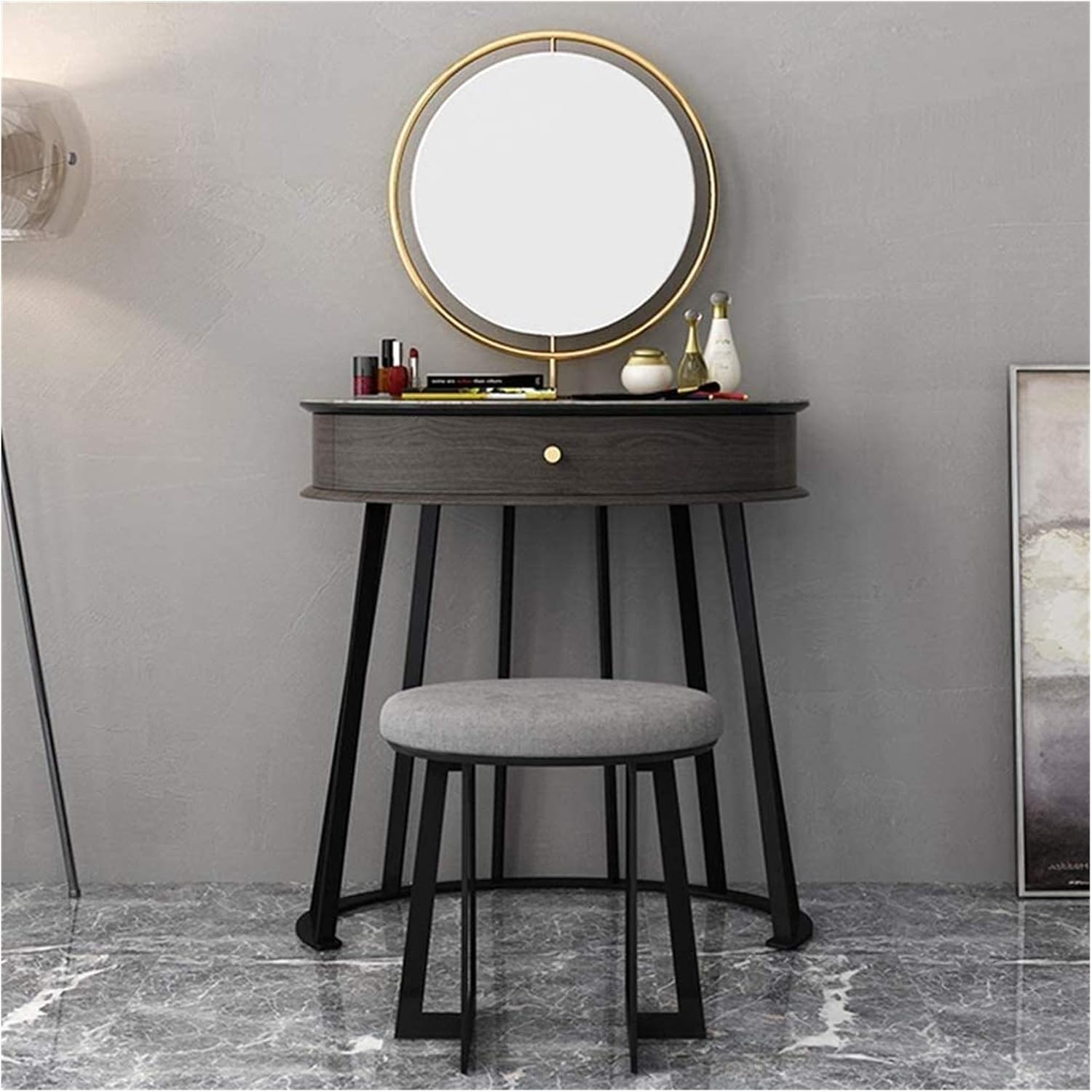 Luxury Dressing Vanity Table w/Stool for Bedroom, Mini Dressing Table, Girl Bedroom Modern Dressing Table with Stool, Large Storage Space, 75x55x123 cm