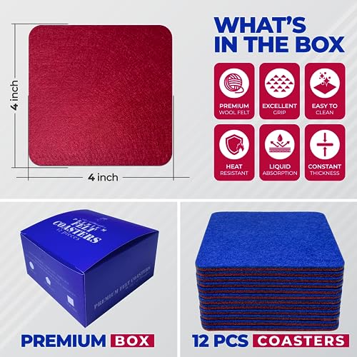 A&A Wonders Absorbent Premium Felt Coasters Set of 6 for Drink, Absorbent Felt Protects Furniture, Table, Anti Slip, Suitable for Drinks & All Table Types (Wine Red/Royal Blue, Square 6 Pack)