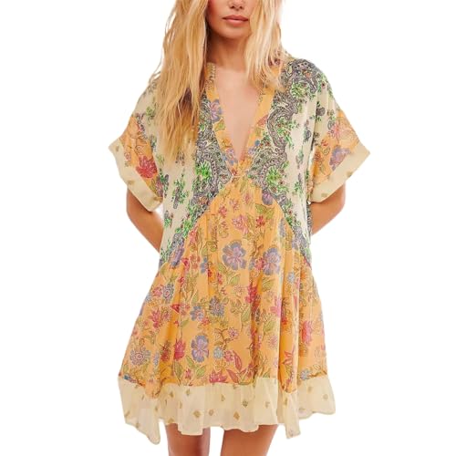Womens Summer Dresses Boho Flowy Mini Dress Floral Patchwork Ruffle Y2k Cute Sun Dress Casual Loose V Neck Sundress