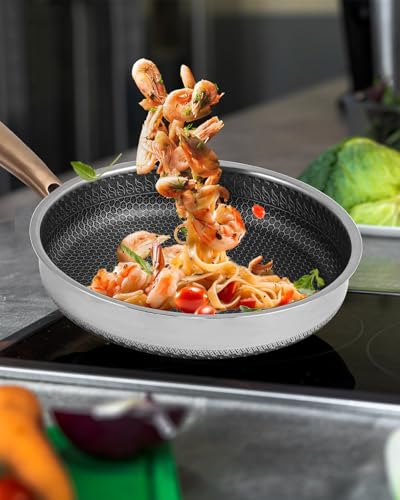 Frying Pans Nonstick, 12 inch Hybrid Non Stick Frying Pan with Lid, Stainless Steel Non Toxic PFOA Free Scratch-resistant Coating Skillets, Dishwasher & Oven Safe Induction Compatible Cookware
