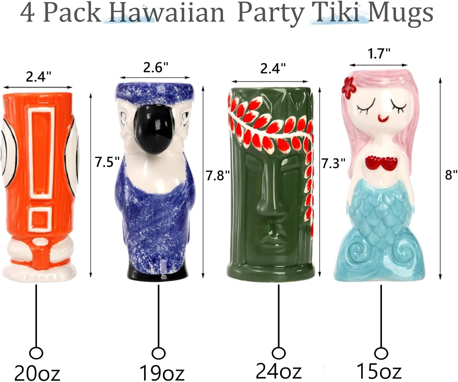 Peohud 4 Pack Ceramic Tiki Mugs, Exotic Tiki Glasses for Cocktails, Hawaiian Party Mugs, Tropical Tiki Drinking Tumbler Cups for Mai Tai, Pina Colada, Tiki Bar Professional Barware
