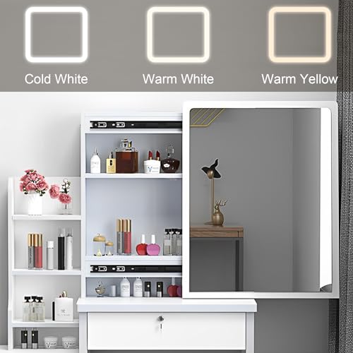 Vanity Desk with Mirror and Lights for Makeup,Modern Vanity Desk with Mirror,Dressing Table Set with 6 Drawers and Bench, Table Set with 3 Color Lighting Brightness Adjustable