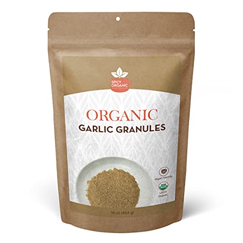 SPICY ORGANIC Garlic Granules – 100% USDA Organic- Premium Quality Granulated Garlic Powder for Mouthwatering Rubs on Beef, Pork, Fish, Poultry, and Delicious Sauces – 16oz