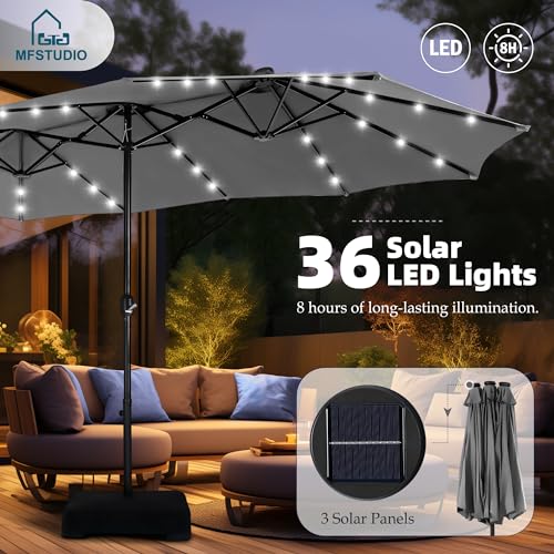 MFSTUDIO 15ft Double Sided Patio Umbrella with Solar Lights, Outdoor Large Rectangular Market Umbrellas with Base Included, Crank Handle and 36 LED Lights for Deck Pool Shade