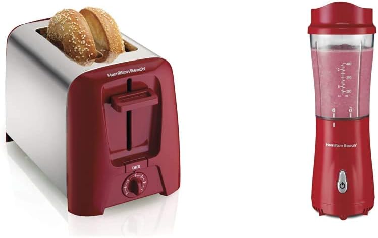 Hamilton Beach 2 Slice Toaster with Extra Wide Slots, Shade Selector, Auto-Shutoff, Cancel Button and Toast Boost, Red & Shakes and Smoothies with BPA-Free Personal Blender, 14 oz, Red