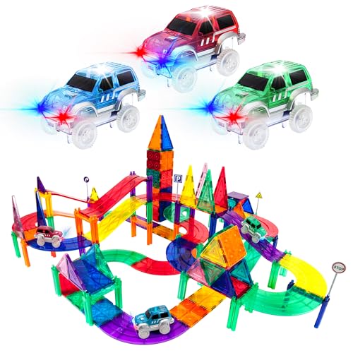 PicassoTiles 128 Piece Magnetic Race Track Toy Car Tracks Set Toddlers Magnet Building Blocks Tiles Sensory Toys for Kids INCLUDE 3 LED Cars STEM Engage in Thrilling Races age 3+ year old boys girls