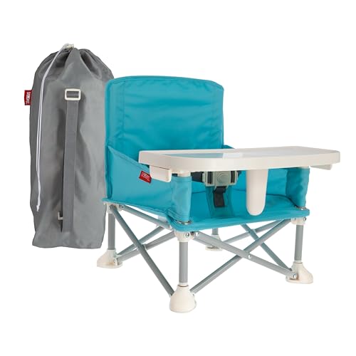 Nuby Easy Go Pop-Up Booster Seat with Removable Tray - 6+ Months - Portable Booster Seat for Floor for Indoor/Outdoor Use - 3-Point Safety Adjustable Straps - Includes Travel Bag - Gray