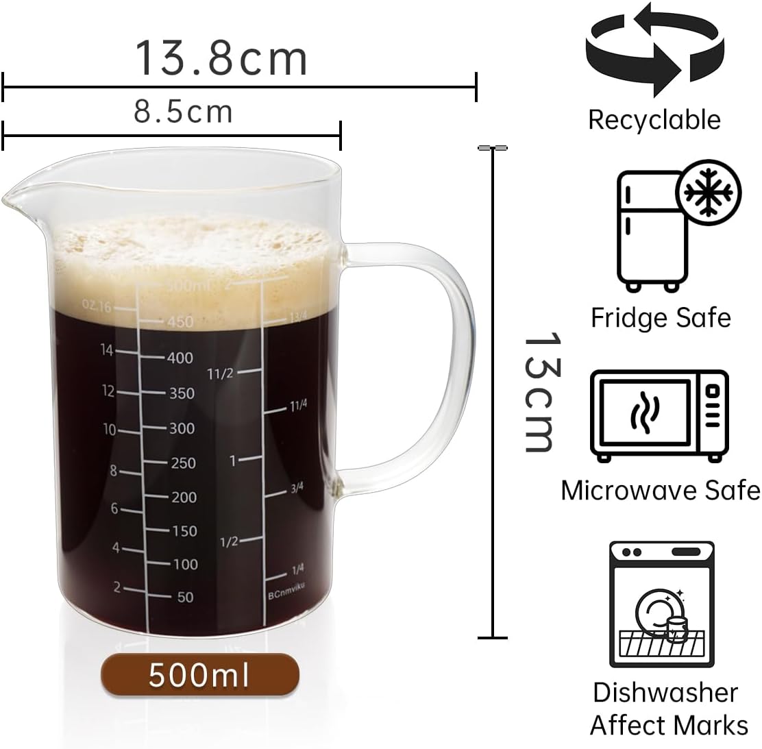 BCnmviku 500ML 2 CUP Glass Measuring Cup With Handle, High Borosilicate Glass Three Scales (OZ, Cup, ML/CC for Kitchen or Restaurant Easy To Read