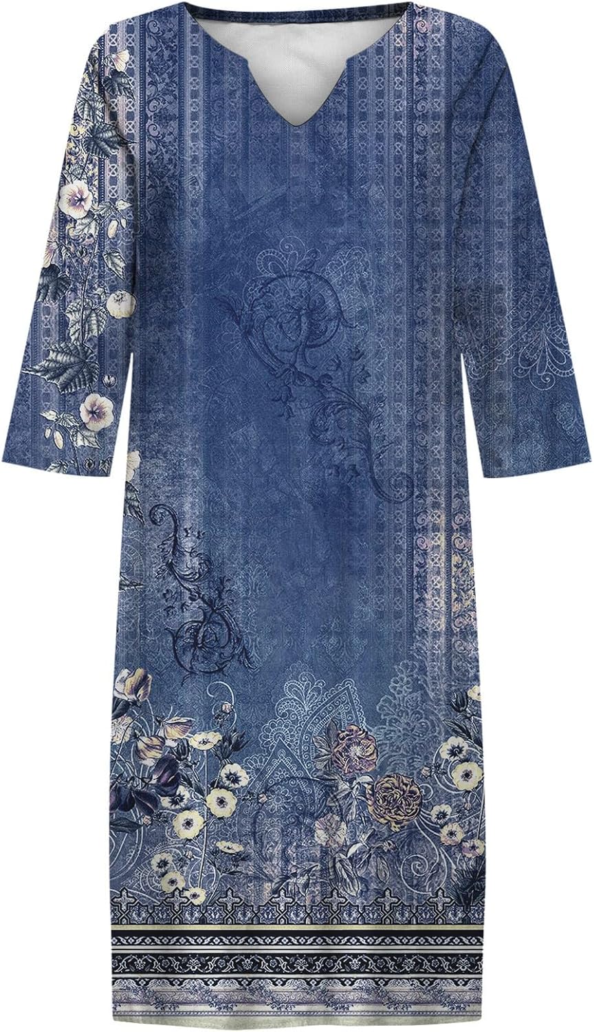 XJYIOEWT Formal Dresses for Women 2024 Petite,Women's Summer Retro V Neck Short Sleeve Printed Beach Knee