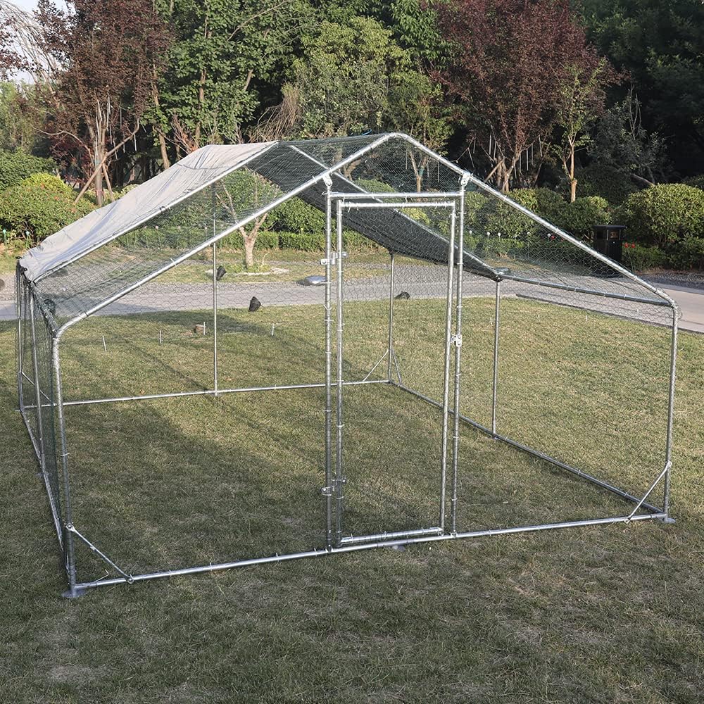 Large Metal Chicken Coop Walk-in Poultry Cage Hen Run House Rabbits Habitat Cage Spire Shaped Coop with Waterproof and Anti-Ultraviolet Cover (10' L x 13' W x 6.4' H)