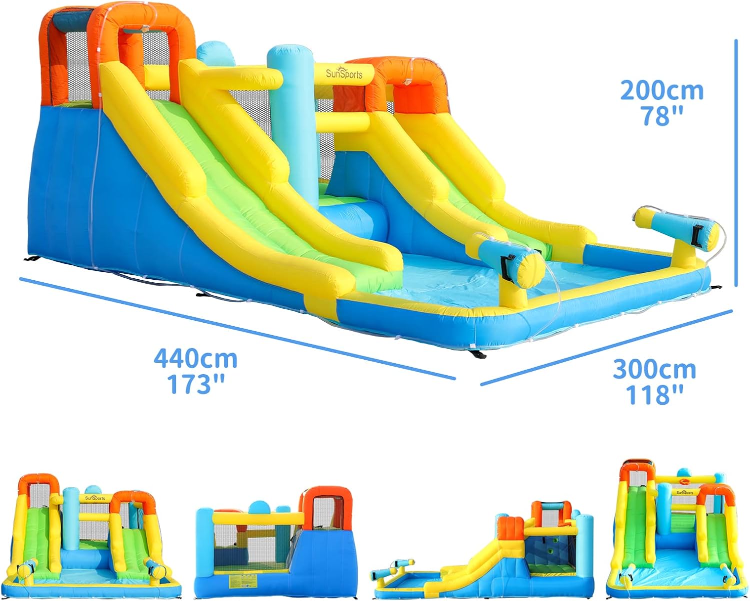 SunSports Inflatable Water Slide,Bouncy Castle for Kids Outdoor,7 in 1 Dual Waterslide Bounce House with Water Cannon,Inflatable Water Park with Jump House,Water Slides for Kids Backyard Party