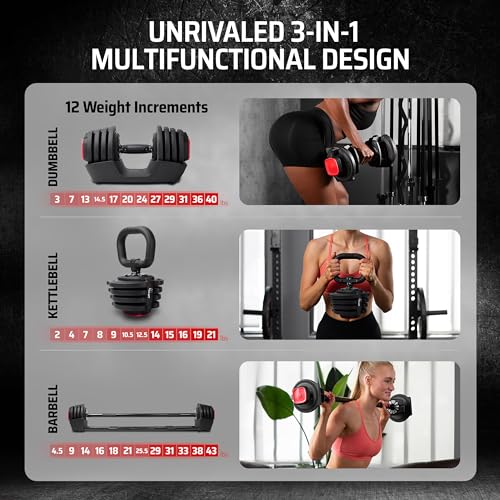 AmStaff 3-in-1 Adjustable Dumbbell, Kettlebell, Barbell Set, 2-43lbs, 12 Weight Levels, Compact Multifunctional Home Gym, Enhanced Transition, Safety Lock, Nonslip Handle