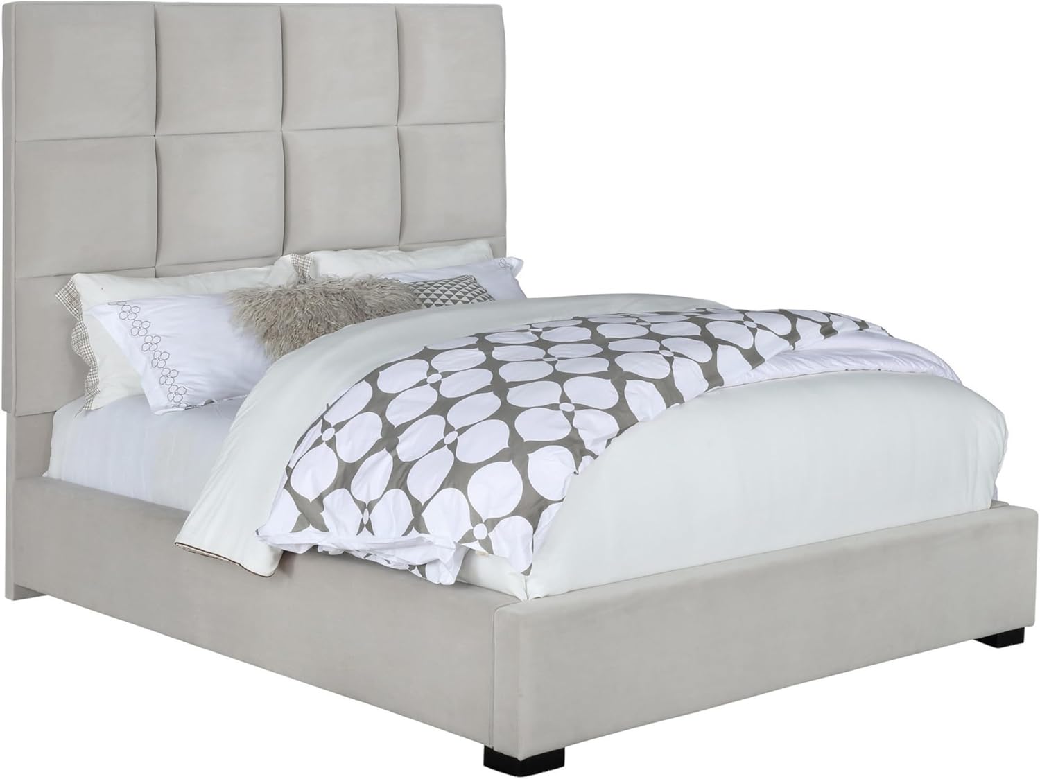 Benjara Xee Queen Panel Bed with 3D Grid Tufted Headboard, Velvet Upholstery, Beige and Black