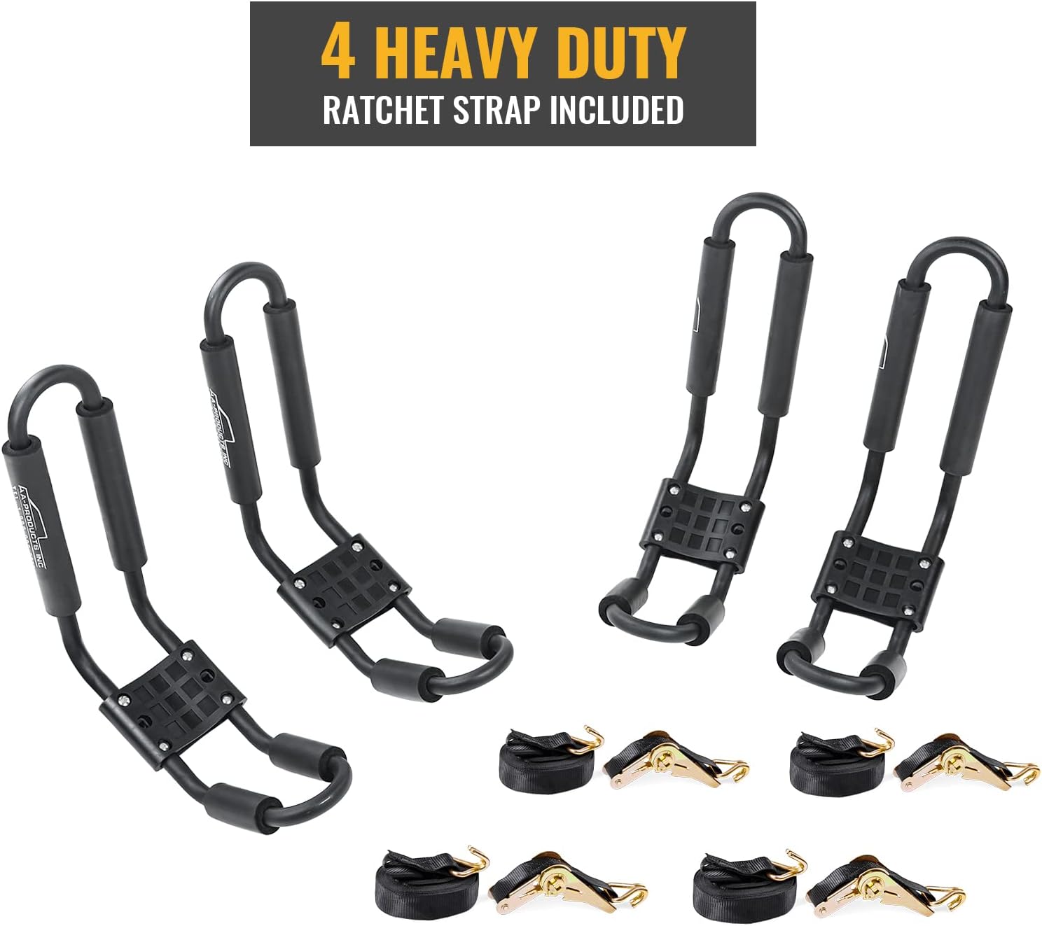 AA-Racks Model X31 Truck Ladder Rack with (8) Non-Drilling C-Clamps and 2 Sets Kayak J-Racks with Ratchet Lashing Straps & Ratchet Bow and Stern Tie Down Straps(2Packages)