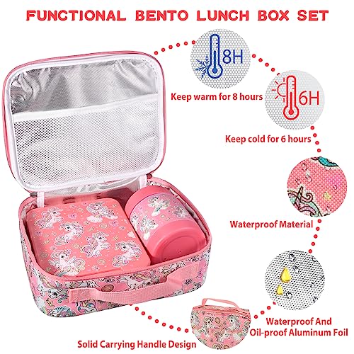 Bento Lunch Box Set for Kids with 10oz Soup Thermo, Leak-Proof Lunch Containers with 4 Compartment, Kids Thermo Hot Food Jar and Insulated Lunch Bag for Kids to School,BPA-Free(Pink)
