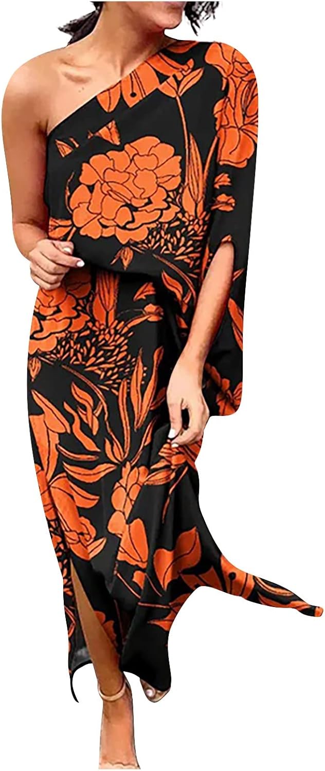 Summer Dresses For Women 2024 Trendy Vacation Floral Printed Boho Dress Sleeveless One Shoulder Flowy Sundress Beach Long Maxi Dress Casual Sexy Tea Party Dresses Cruise Outfits(E Orange,Small)