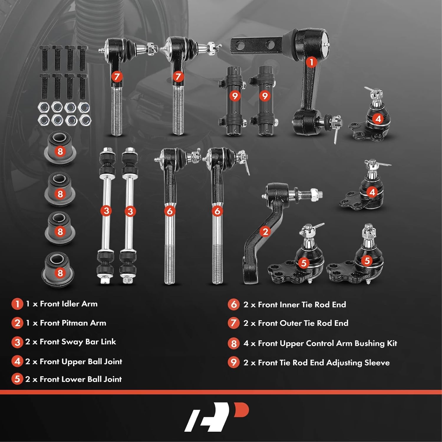 A-Premium Set of 16, Upper Lower Ball Joint, Inner Outer Tie Rod End, Sway Bar Link, Pitman Idler Arm, Bushing Compatible with Dodge Ram 1500 2000-2001 RWD