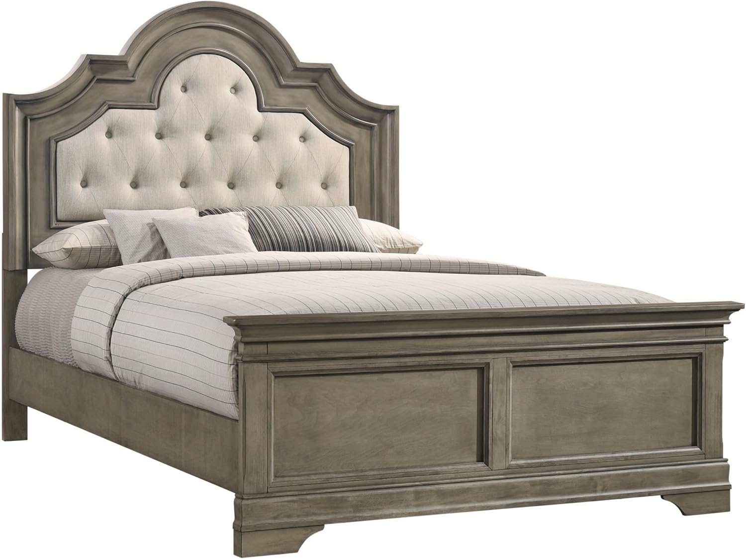 Benjara Bem King Size Bed, Scalloped and Arched Headboard, Fabric Upholstery, Light Gray and Cream