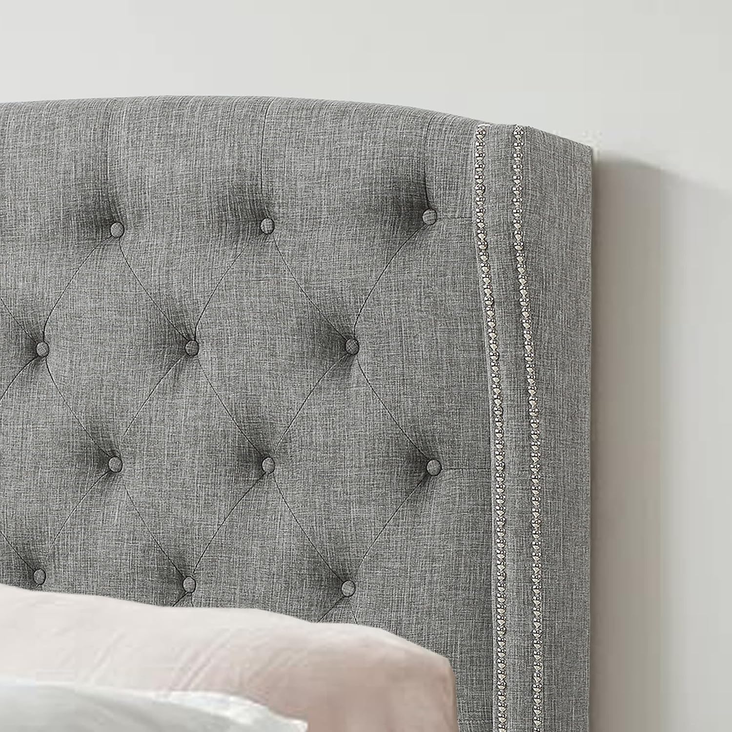 Rosevera Louis Linen Upholstered Wingback Headboard with double Nailhead Trimming and Button Tufting for Bedroom, Queen, Gray