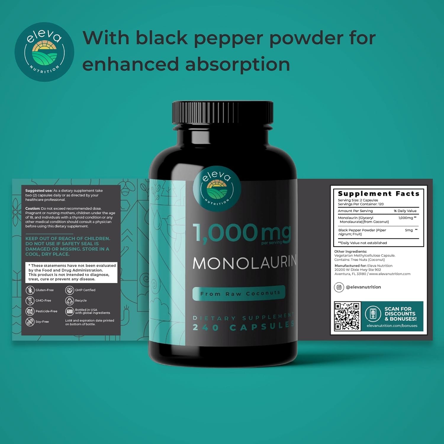 Monolaurin 1000mg Capsules — Made with Pure Glycerol and Lauric Acid from Raw Coconut — Natural Vegan Capsules That are Non-GMO and Soy Free — 240 Capsules