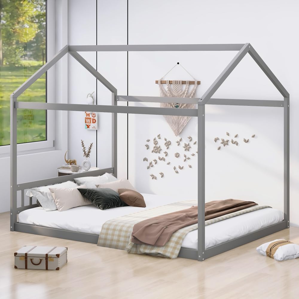 Queen Size Wooden House Bed with Headboard,Gray 1-Numbers of Package Pine Wood+MDF 500Lb 7pcs 82.7