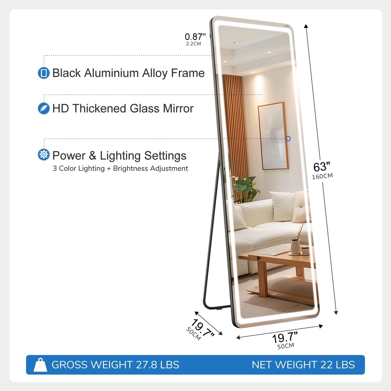 Vanity LED Mirror, Full-Length Mirror with Lights, 63