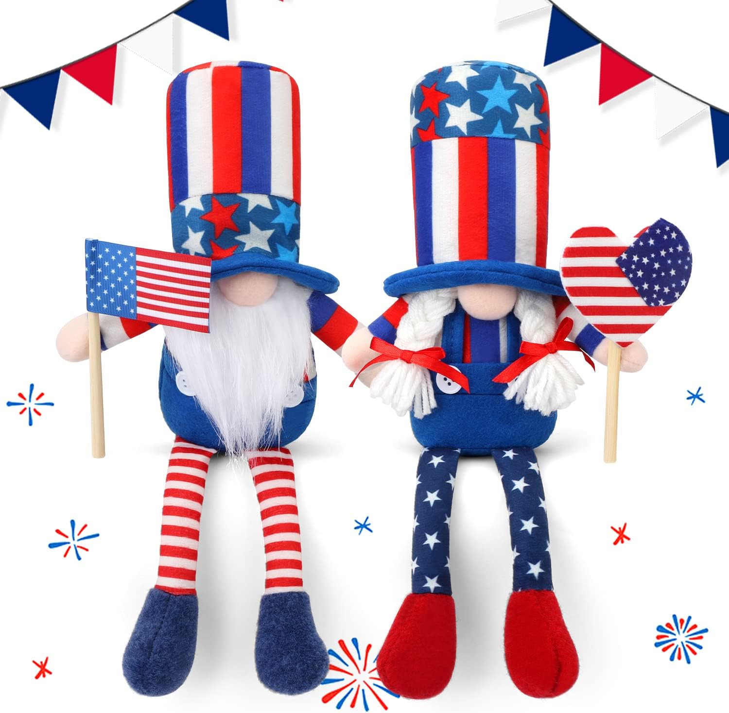 4th of July Gnomes Plush Decorations -2 Pack Patriotic Stars and Stripes Nisse Gnome Tomte Doll, Independence Day American Figurine Ornament Gift Home Tiered Tray Decor