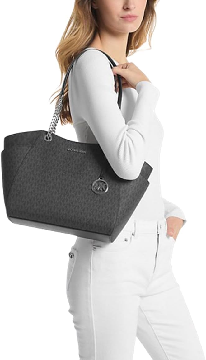 Michael Kors Jet Set Travel Large Chain Shoulder Tote (Black/Silver)